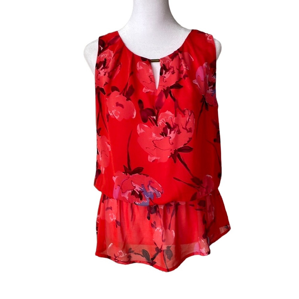 Como Vintage Y2K Red Floral Blouson Sleeveless Peplum Blouse Size Small